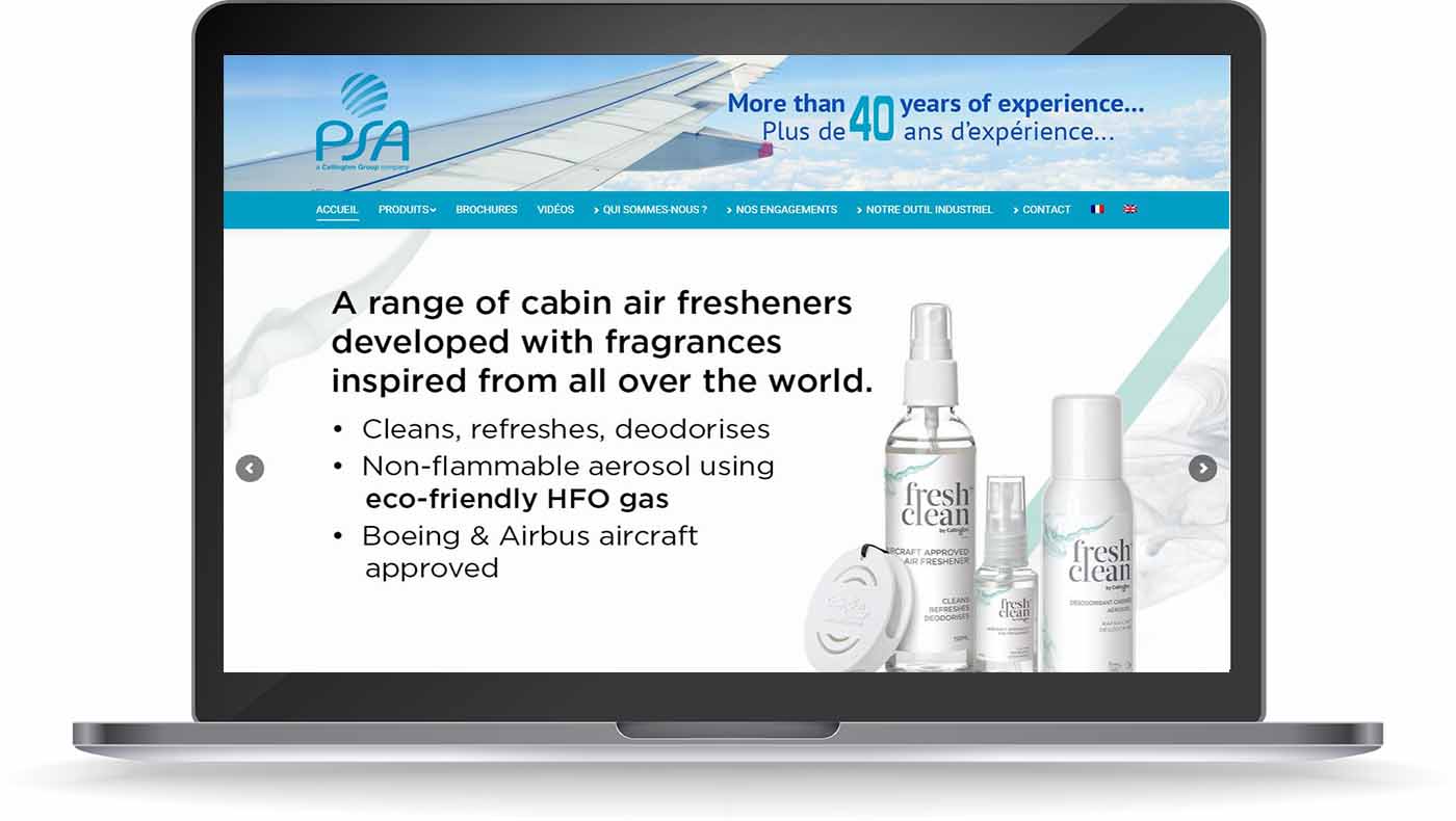 Découvrez notre création WordPress du site web PSA fabricant de solutions d’hygiène pour l’aéronautique